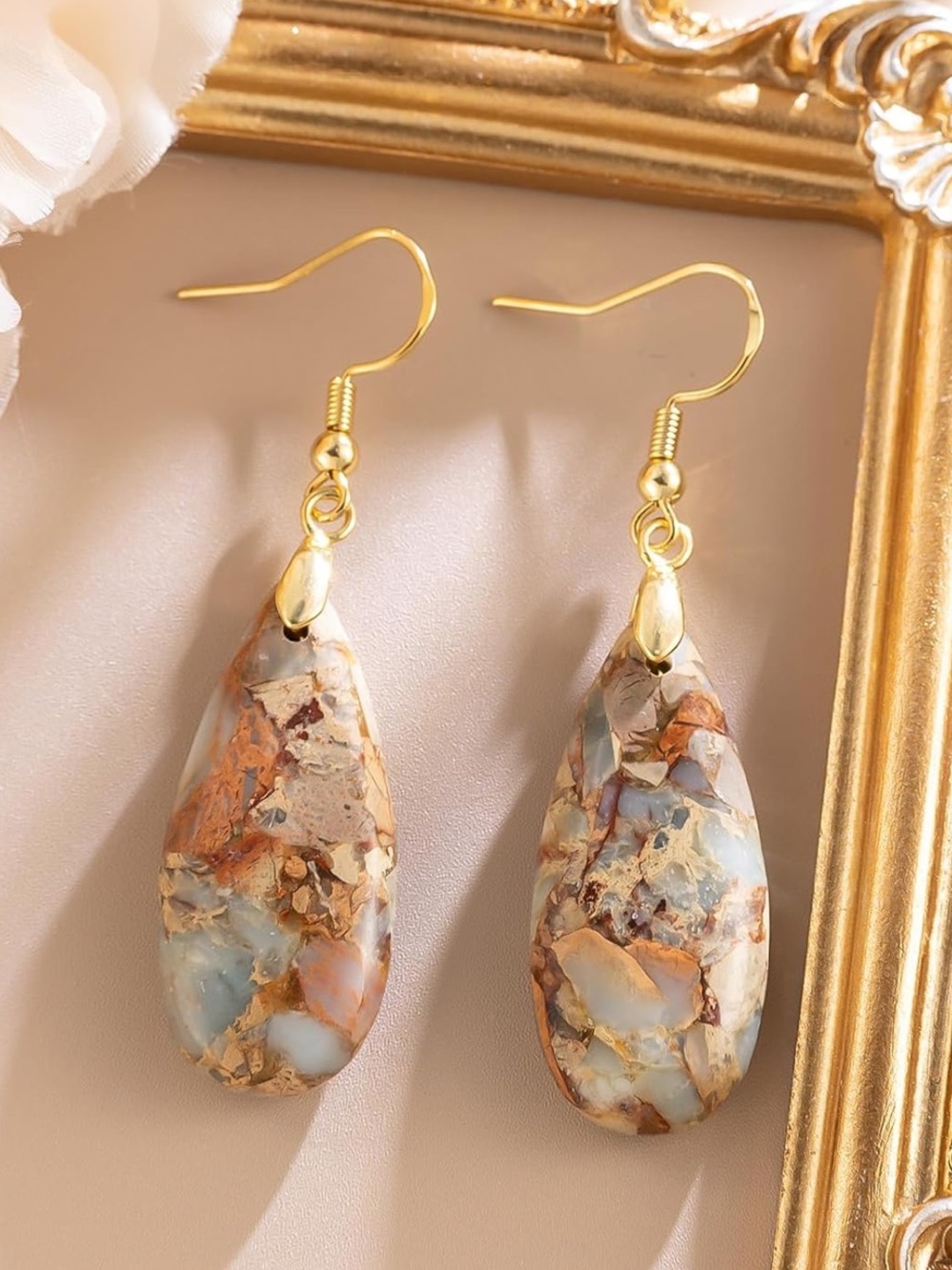 Anthropologie Gold-Accent Teardrop Earrings with Blue and Cream Marbled Stone